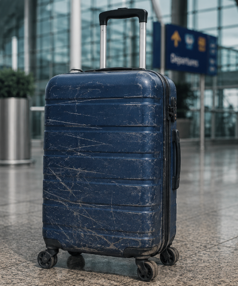 Hard-shell trolley suitcase showing travel scuffs and dust