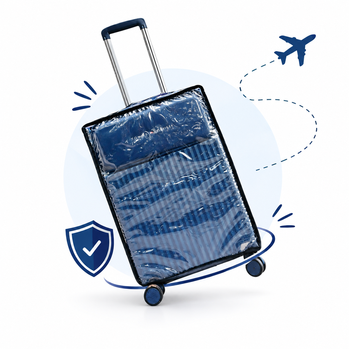 Transparent PVC trolley cover fitted over a hard-shell suitcase